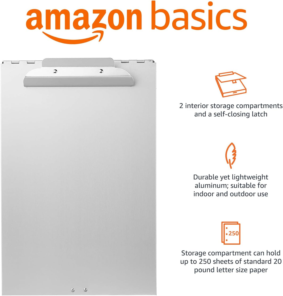 Amazon Basics Metal Clipboard with 2 Compartments and Interior 250 Sheet Paper Storage, 14.09 x 9.21 x 2.6 inches, letter size, Silver