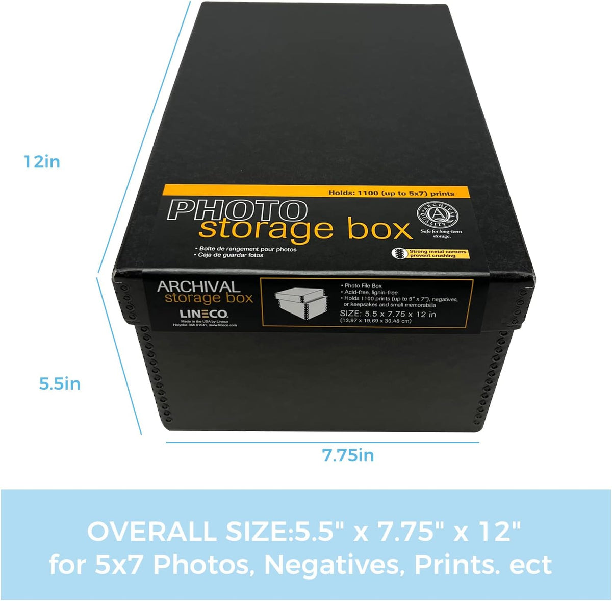 Lineco Archival Photo Storage Box, Holds up to 1100 of 5x7 Pictures, 4x6 Photograph Container with Removable Lid. Preserve Snapshot, Negatives, Prints, Films, Card, 5"x7"x12", Black