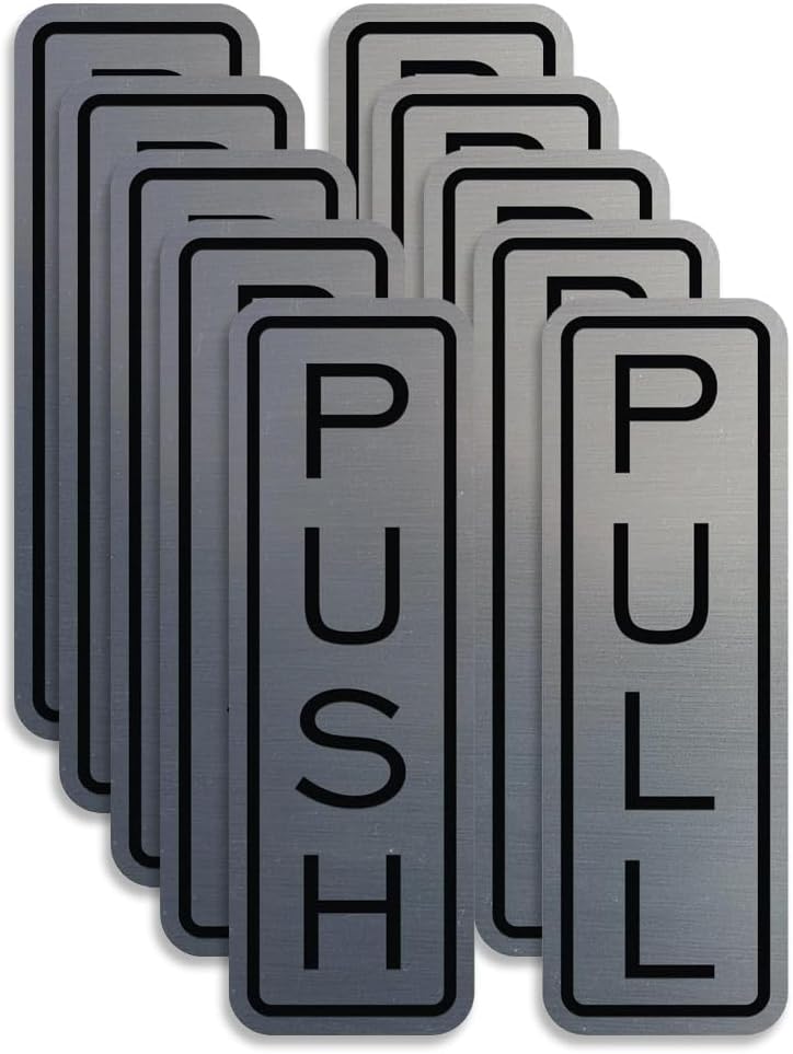 All Quality Classic Vertical Push Pull Door Signs - Great for Glass Doors | Professional Looking Signs | Easy Installation Includes Double-Sided Foam Adhesive Tape (Brushed Silver) - Medium (5 Pack)