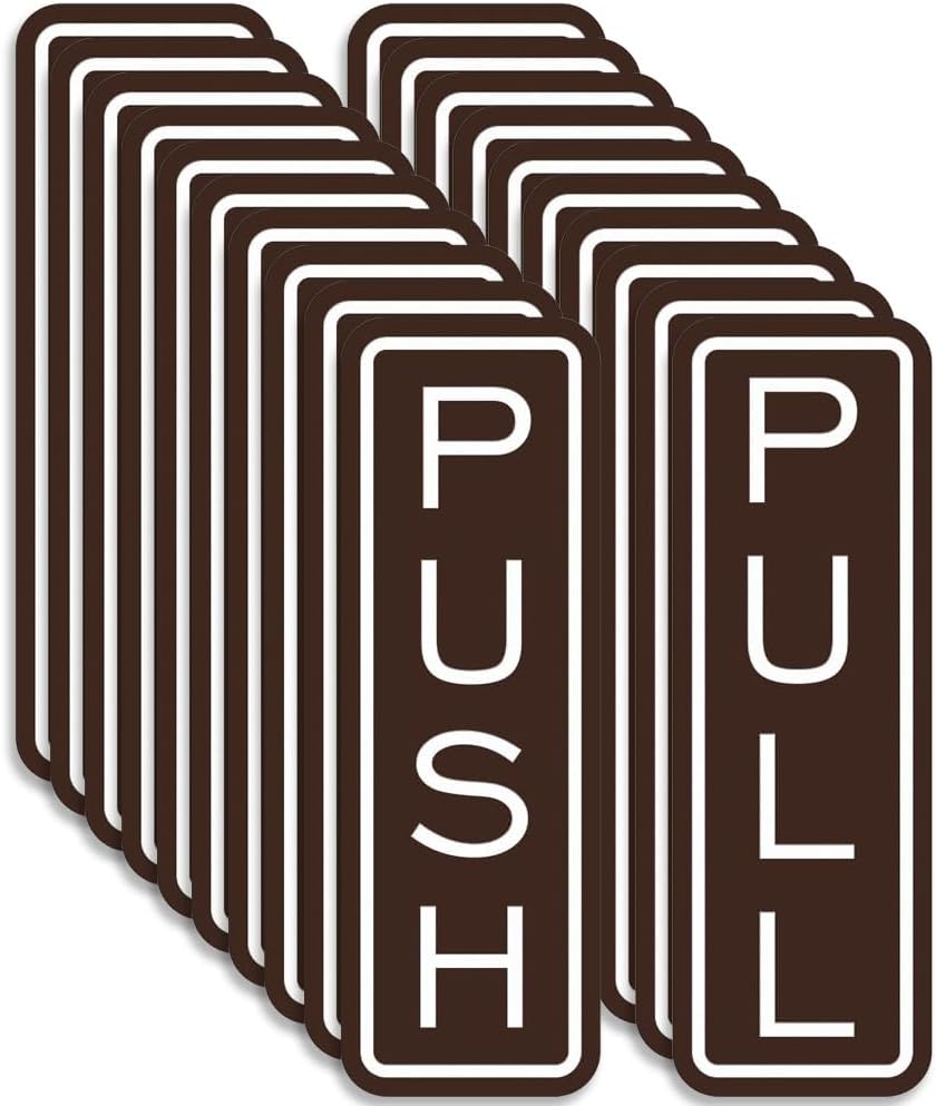 All Quality Classic Vertical Push Pull Door Signs - Great for Glass Doors | Professional Looking Signs | Easy Installation Includes Double-Sided Foam Adhesive Tape (Dark Brown) - Small (10 Pack)