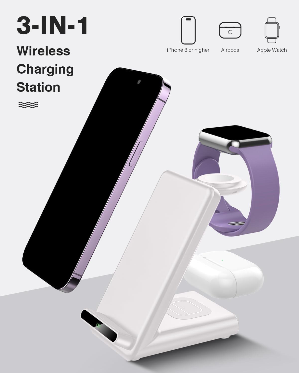 Wireless Charging Station,3 in 1 Charging Stand Made for Apple Watch Ultra 11 10 9 8 7 6 SE 5 4 3,Fast Wireless Charger Made for iPhone 17/Air/16/15/14/13/12,for AirPods Pro(with Adapter) (White)