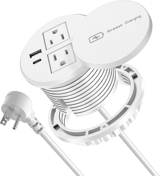 3 Inch Desk Recessed Power Grommet with 15W Wireless Charger, 20W USB-C Fast Charging Countertop Grommet Mount Power Outlet, with AC Outlets and 6ft Extension Cord