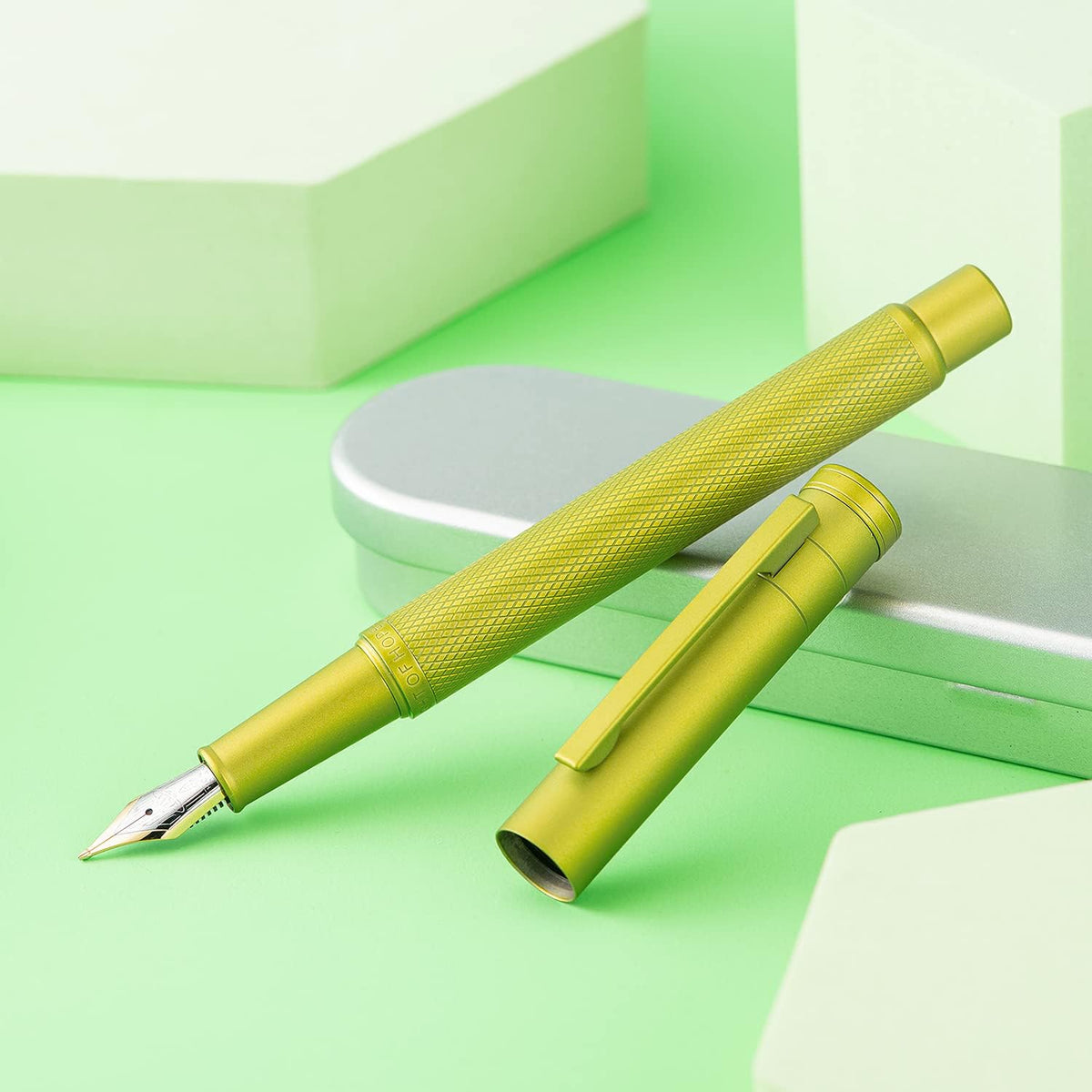 Hongdian 1851 Mustard Yellow Forest Fountain Pen Blade Nib Classic Design Calligraphy Pen with Converter and Metal Pen Case Set