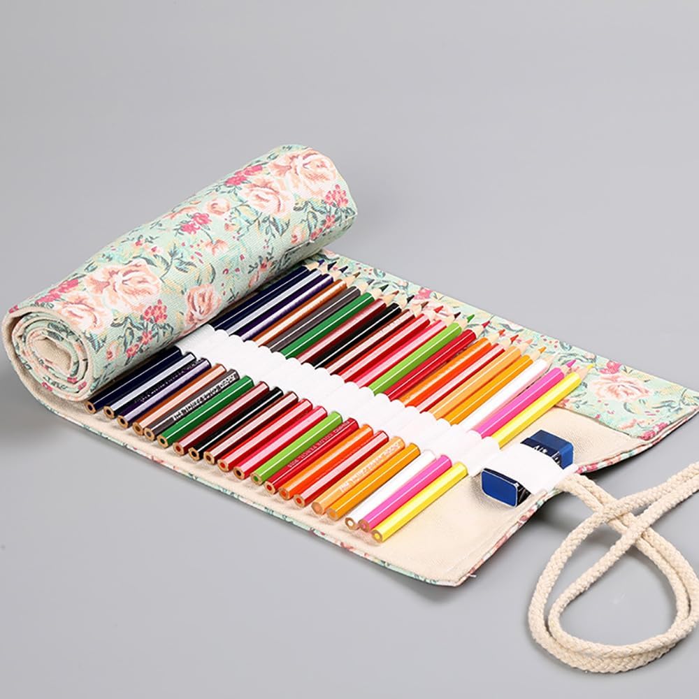 DIYOMR 24/36/72 Slots Pencil Wrap Pencil Rolls, Artist Colored Pencils Roll Up Bag Short Brushes Pouch Case Pencils Organizer for Drawing Coloring and Sketching (Small Floral, 72slots)