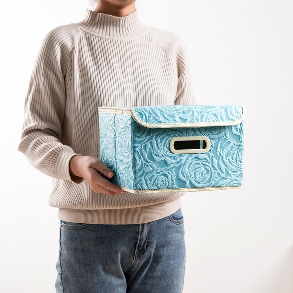 PRANDOM Collapsible Storage Boxes with Lids [5-Pack] Fabric Decorative Storage Bins Cubes Organizer Containers Baskets with Cover Handles Divider for Bedroom Closet Living Room Blue 9.8x7.9x6.7 Inch