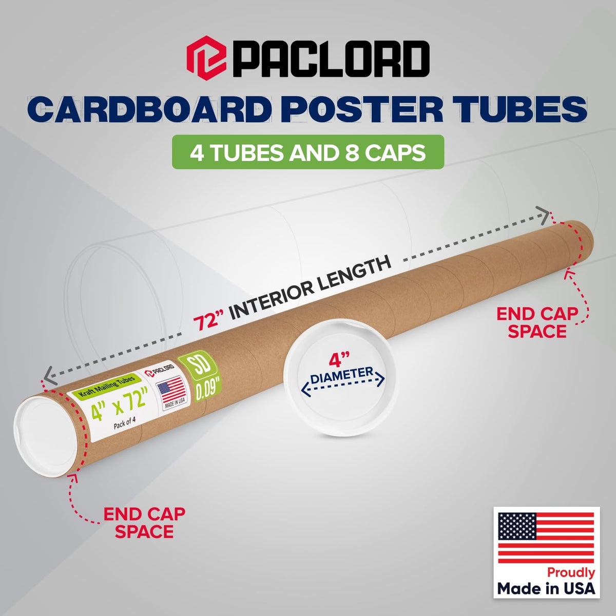 4" x 72" Reinforced Kraft Paper Mailing Tube, Pack of 4 Tubes with 8 Caps – Secure USPS Approved Poster Tube – Cardboard Tube for Shipping and Storing Posters, Prints, Artwork, or Documents