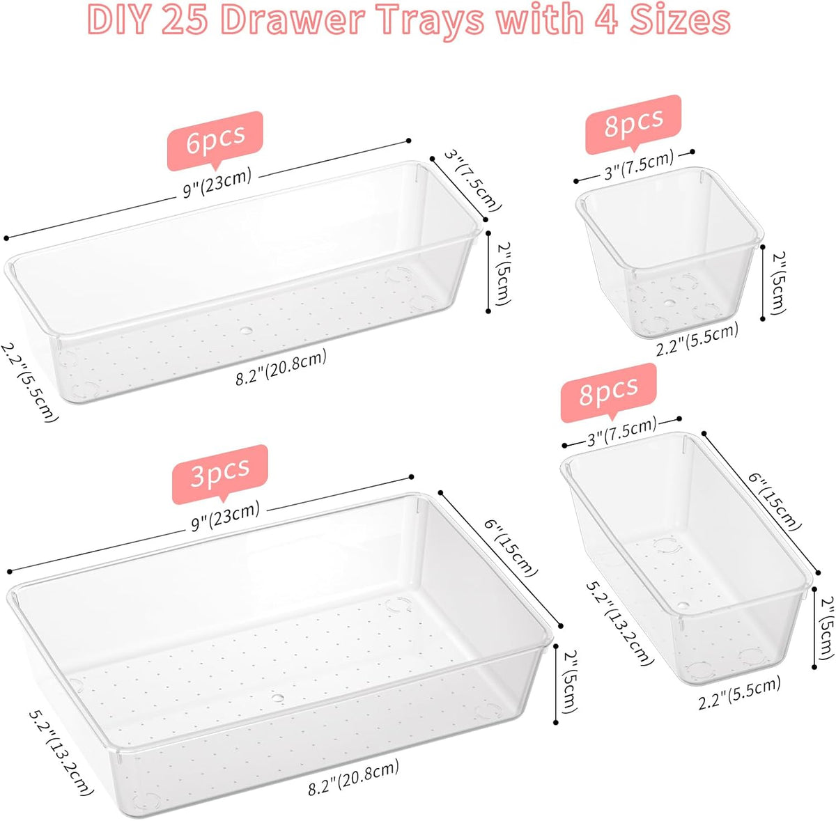 25 PCS Plastic Drawer Organizer Set, 4-size Clear Bathroom and Vanity Desk Drawer Organizer Trays, Non-Slip Versatile Storage Bins for Makeup Jewelry Office Kitchen Gadgets