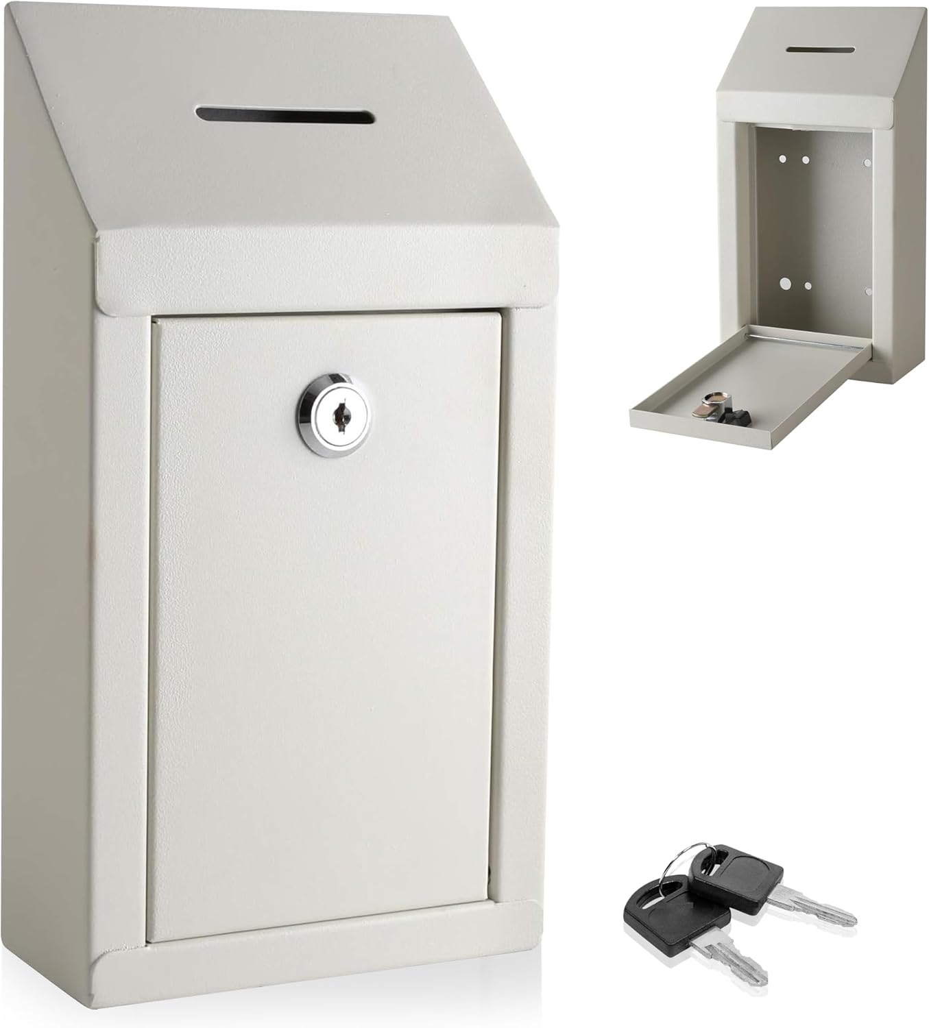 Metal Donation Box-Suggestion Box with Slot and lock-Cash Lock box for Money-Secure Drop Box-Comment and ballot voting box-comes with pre-drilled holes for easy wall mounting 10 X 6 X 2.5"(Off White)