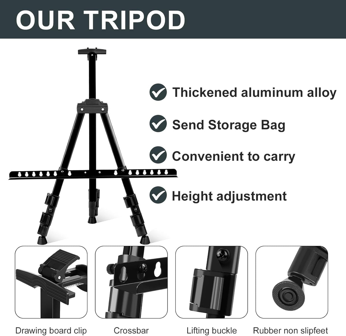 AROIC 1 Pack Art Painting Display Easel Stands,Portable Adjustable Aluminum Metal Tripod Artist Canvases Height from17 to 66 Inch Extra Sturdy forTable-Top/Floor Painting. Black with 1 Storage Bag