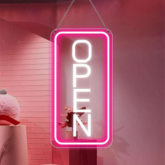 Neon Open Signs for Business, 16''x 9'' LED Open Sign, Super Bright Open Neon Sign (Pink&White), with ON/OFF Switch & Adapter, Neon Light Up Sign for Window Party Wall Door Coffee Club Hotel, Vertical