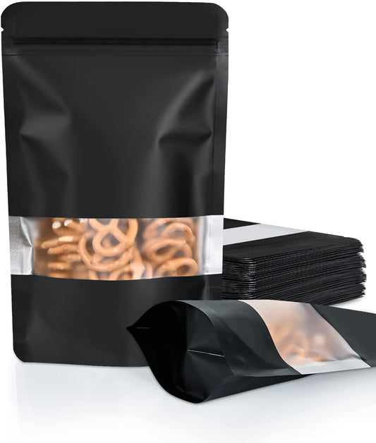 FireKylin 100 Pack Smell Proof Bags 7.1" x 10.2", Resealable Bags with Matte Window, Foil Pouch Stand Up Sealable Bags for Packaging（Black）