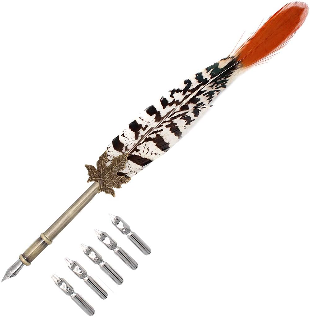Gullor Quill Handcraft Feather Dip Pen Stem Metal Nib Pen Writing Quill with 5 Extra Nibs, Style B