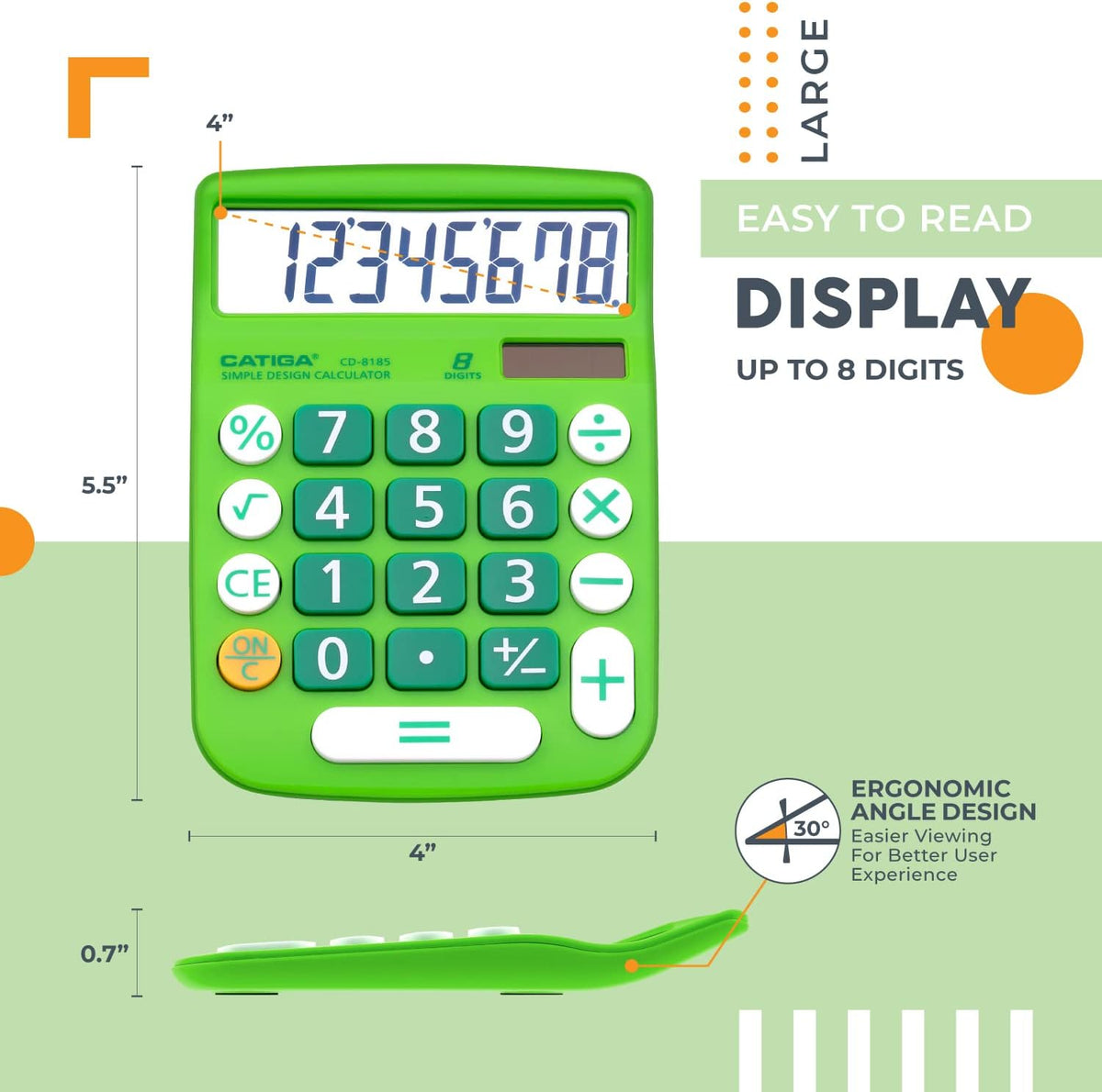 CATIGA Desktop Calculator 8 Digit with Solar Power and Easy to Read LCD Display, Big Buttons, for Home, Office, School, Class and Business, 4 Function Small Basic Calculators for Desk, CD-8185