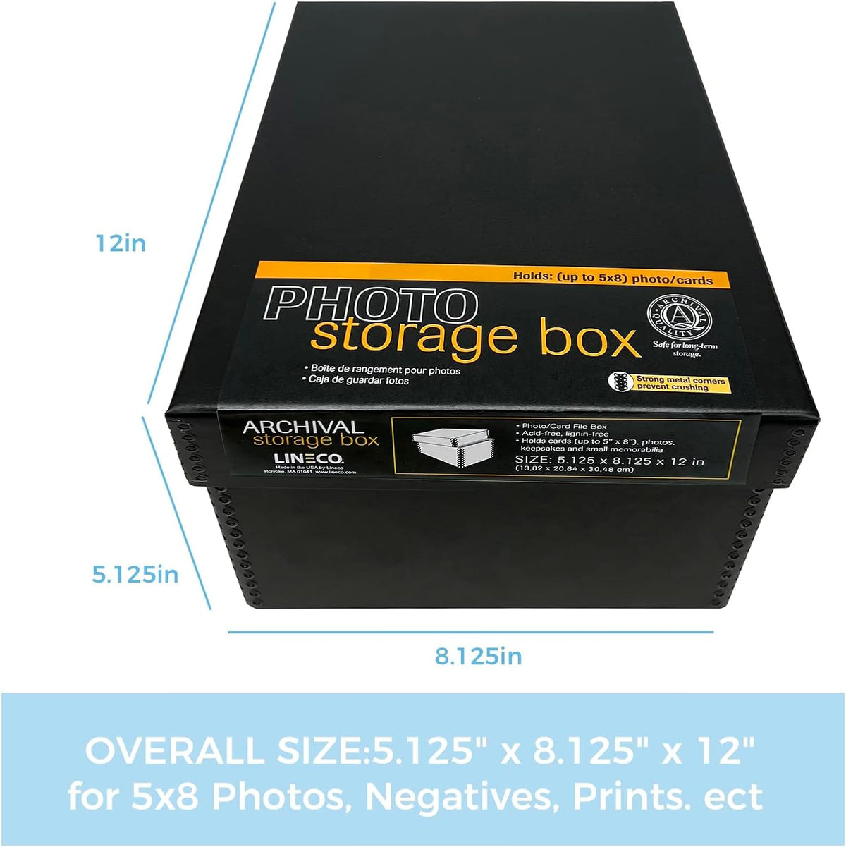 Lineco, Photo Card Box, Museum-Quality Archival Storage, Acid-Free with Removable Lid, Bulk Storage for Negatives, Prints, Films, Photos, Snapshot, 5x8x12 Inches, Black, 2 Pack