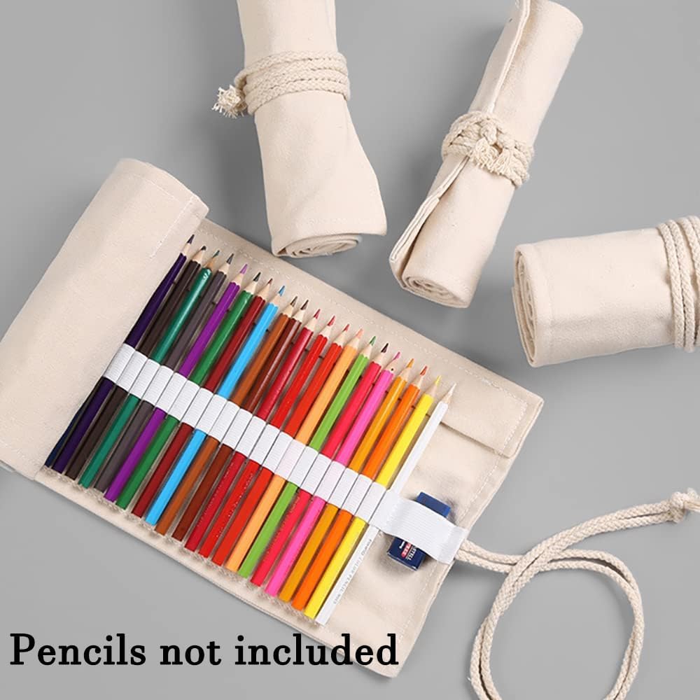 DIYOMR 24/36/72 Slots Pencil Wrap Pencil Rolls, Artist Colored Pencils Roll Up Bag Short Brushes Pouch Case Pencils Organizer for Drawing Coloring and Sketching (White, 72slots)