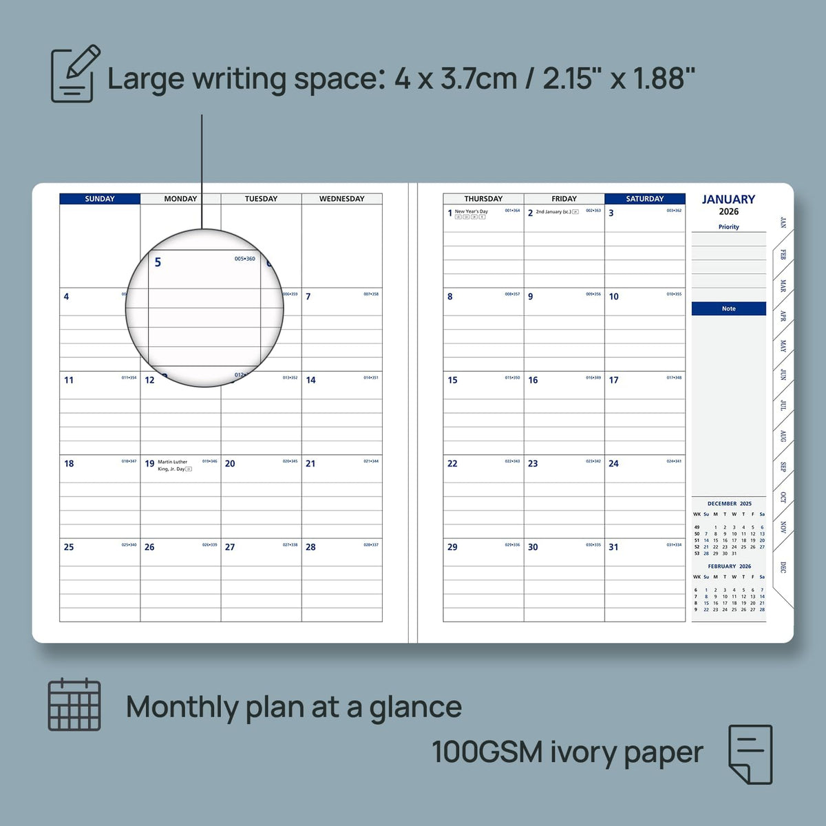 POPRUN 2026 Weekly Planner (Medium 7'' x 8.5''), 30-Minute Hourly Appointment Book (Jan 2026-Dec 2026) with Monthly Tabs, Inner Pockets, Pen Holder, PU Leather Softcover, 100GSM - Black