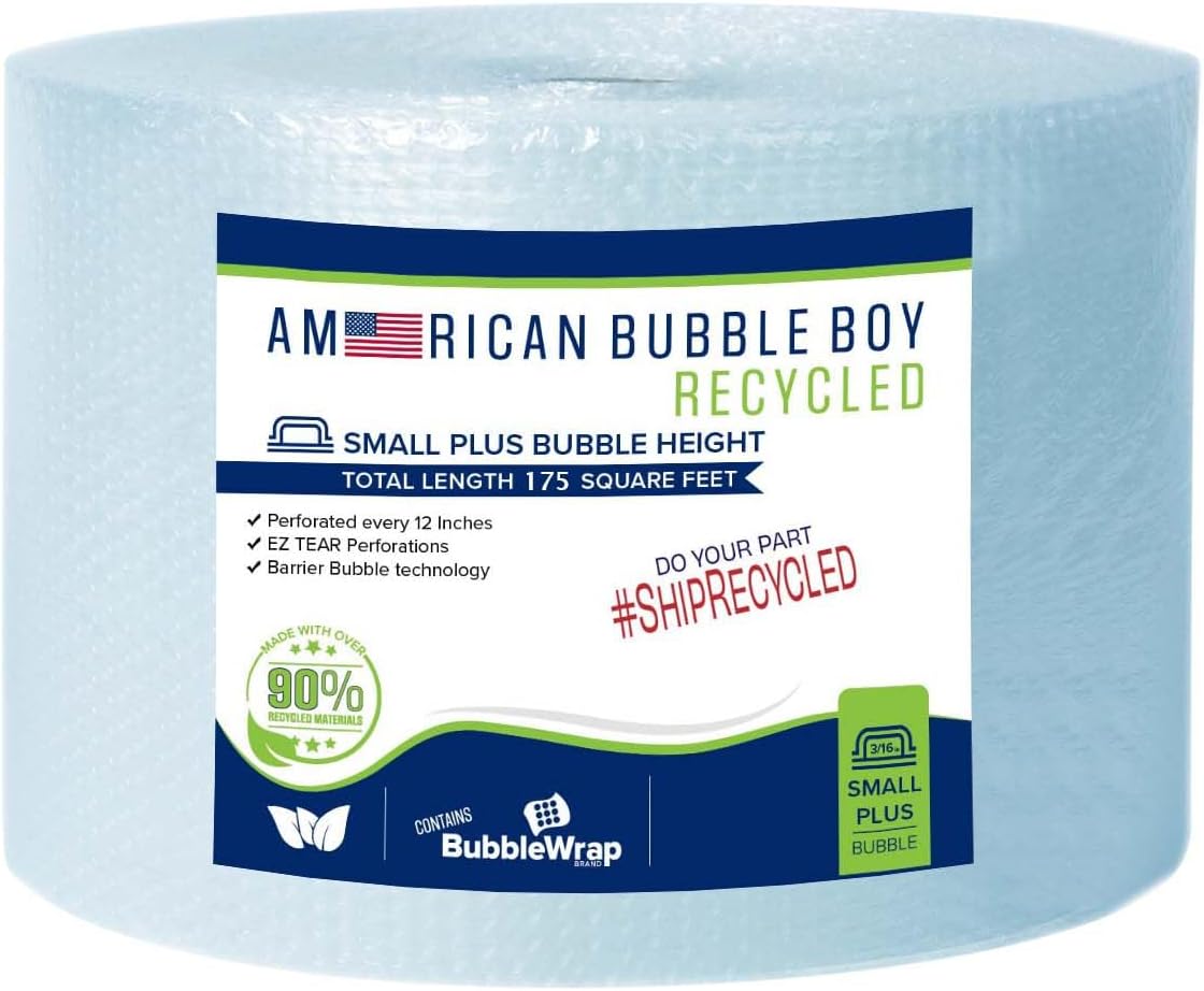 Large roll of 175 Feet of Recycled Small Plus Bubble wrap for packing, moving and shipping for your business essentials. Eco friendly and made from 90% post-consumer materials by American Bubble Boy