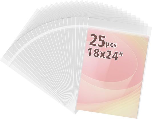 Frametory, 18 3/8" x 24 1/8" Acid-Free Clear Plastic Bags, Self Seal Crystal Photo Sleeves for 18x24 Art Prints, Pictures & Framing Mat Mattes - 25 Pack