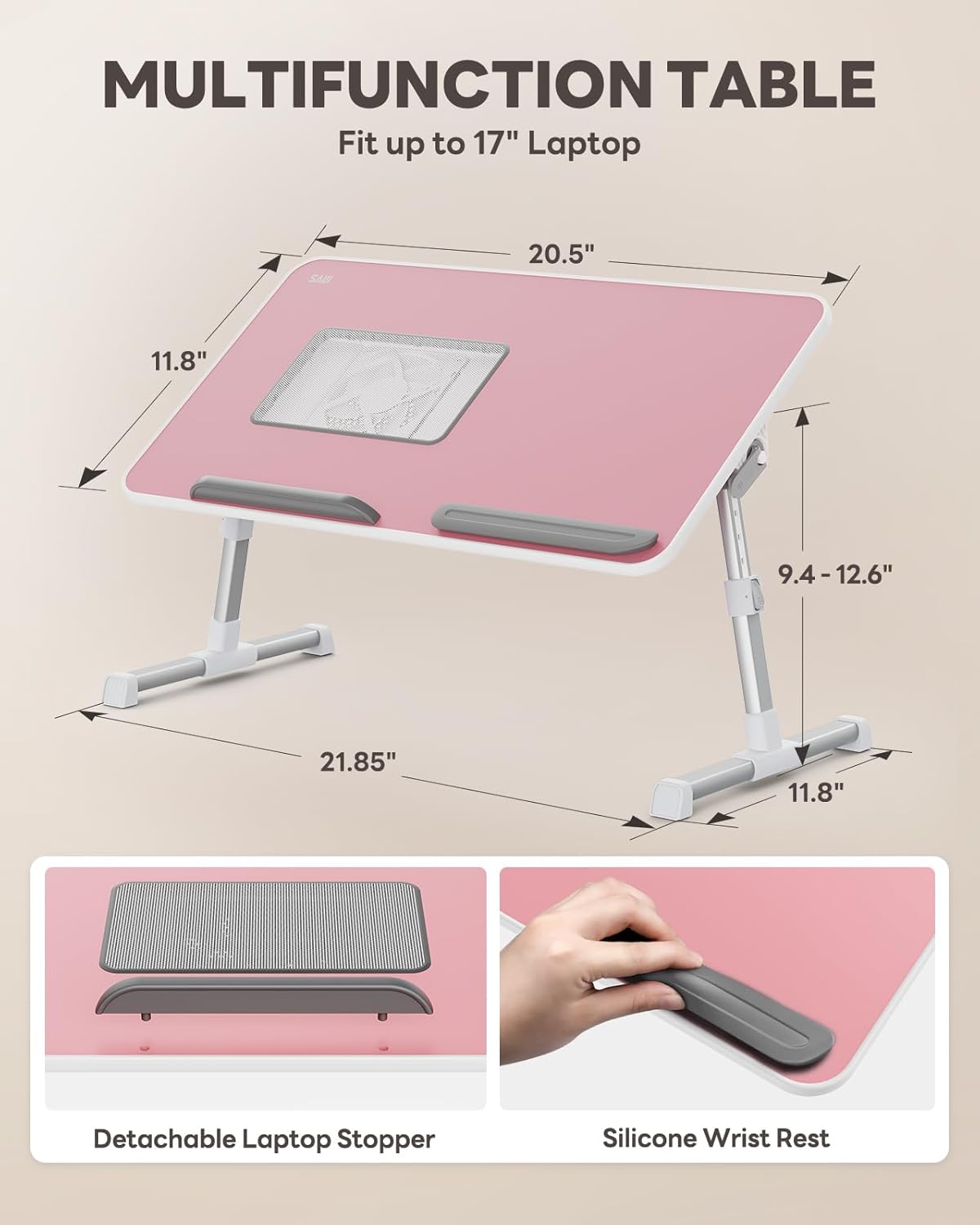 Laptop Desk for Bed with Cooling Fan, SAIJI Height & Angle Adjustable Laptop Stand for Bed, Lap Desk Tray Table, Lightweight Foldable Portable Computer Table