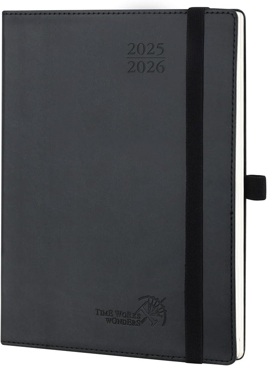 POPRUN Planner 2025-2026 (Medium - 6.5'' x 8.5'') Academic Weekly Calendar (July 2025 - June 2026) with Hourly Time Slots, Monthly Tabs, 100GSM Thick Papers, Leather Soft Cover - Black