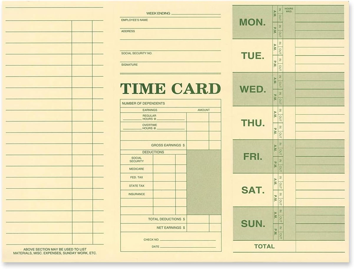 NextDayLabels - Employee Attendance Weekly Time Card (Pack of 250)