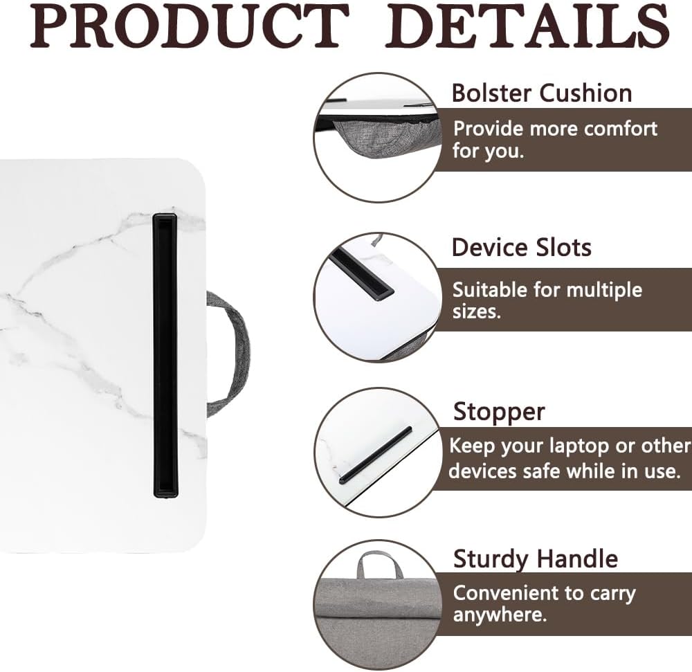Portable Laptop Desk Fits Up to 16“ Laptops, with Tablet Slot, Built-in Cushion, Great for Home & Office,Lap Desk for Laptop,Lap Desk with Cushion (White Marble, Medium)
