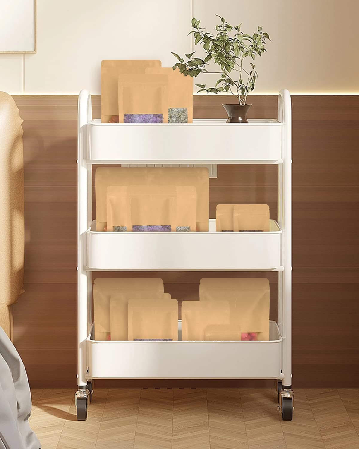 100pcs Kraft Bags with Window 4.7x7.8 Inches Brown Reusable Sealable Zip Lock Food Storage Stand up Paper Pouches for Home or Business