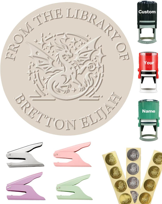 Personalized Book Embosser Stamp with Name & Design, Custom Hand Carved Library Embosser Set, Elegant Invitation Seal of Self-Inking from Library Stamp Kit (Sword & Dragon)