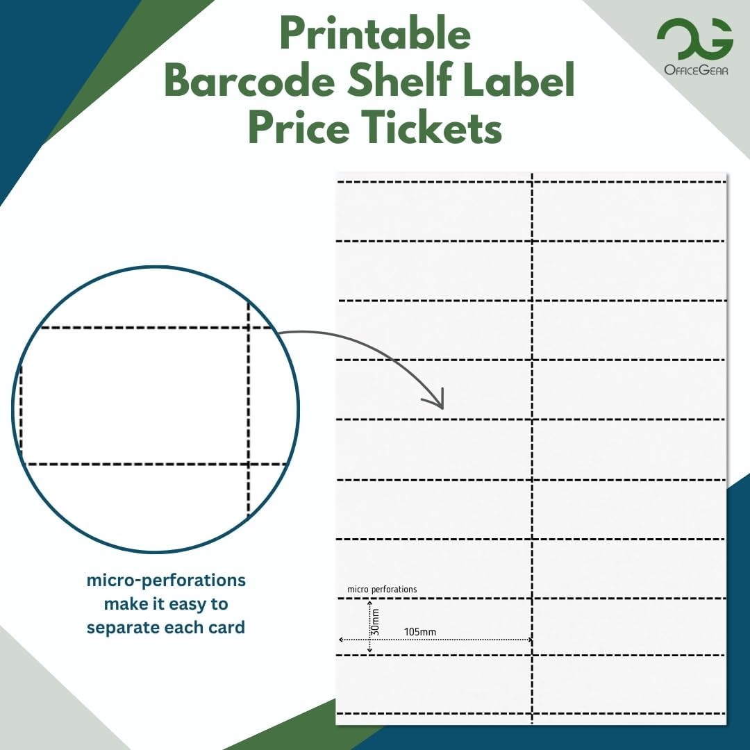 OfficeGear Shelf Edge Barcode Price Ticket Labels 18-up [25 Sheets - 450 Pack] 30x105mm Custom Printable A4 Card Micro Perforated Non-Adhesive Merchandise Tag with Free Downloadable Design Template
