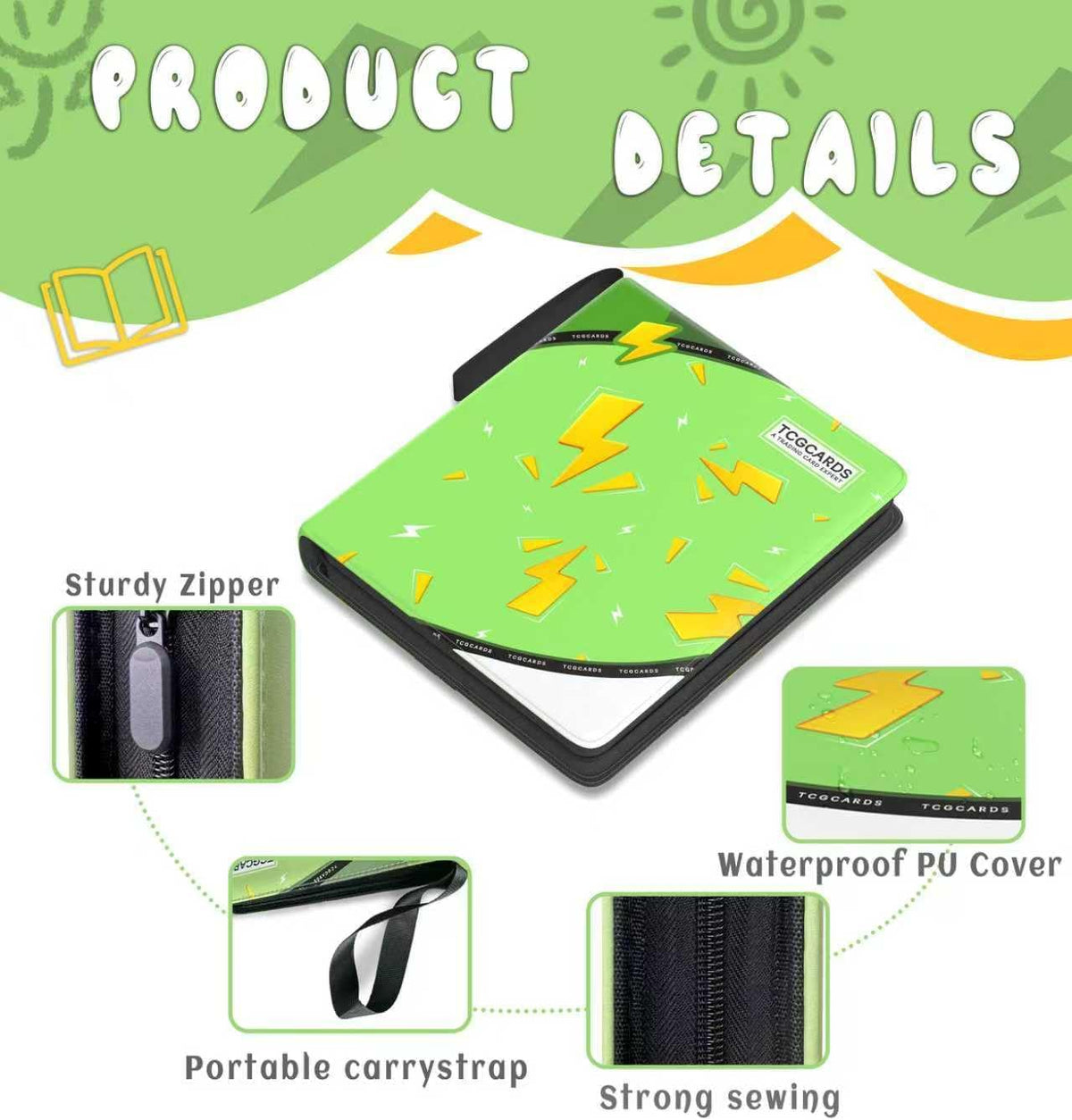 Trading Card Binder 4 Pocket，Card Binder 400 Pockets Card Book Holder Cards with 50 Removable Sleeves，3-Ring Zip Design MTG/TCG/Sport Collectible Trading Card Albums Gifts for Boys and Girls (Green)