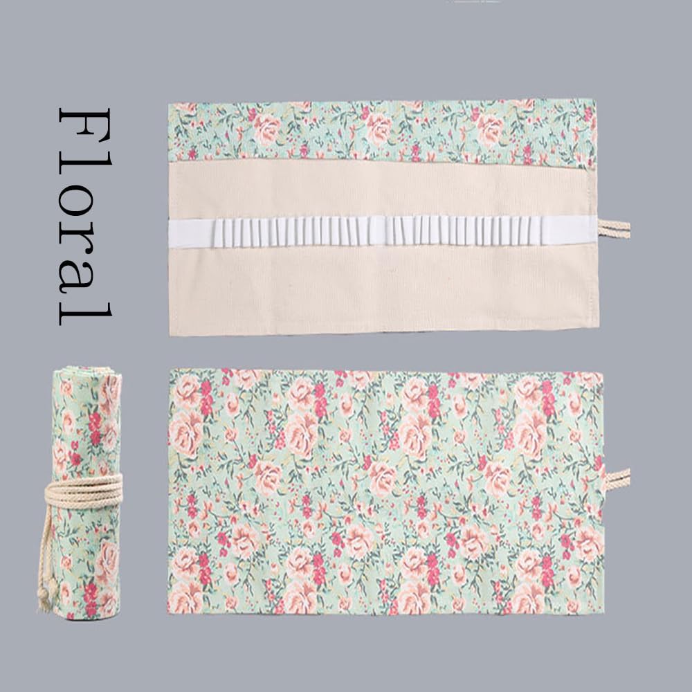 DIYOMR 24/36/72 Slots Pencil Wrap Pencil Rolls, Artist Colored Pencils Roll Up Bag Short Brushes Pouch Case Pencils Organizer for Drawing Coloring and Sketching (Small Floral, 72slots)