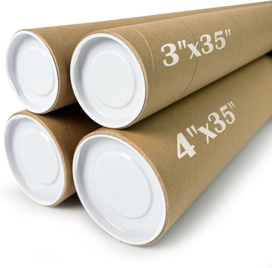 4-Pack Mailing Tubes with Caps, Paper Cardboard Storage Tubes for Shipping, Prints, Documents, Crafts & Golf Clubs (4in*35in, 3in*35in)