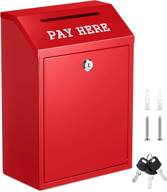 Safe Cash Box Money Collection Metal Donation Box with Lock Wall Mount Pre Drilled Mailbox Delivery Ballot for Home Office Outdoor Self Serve Stand(Red,11.8 x 8.6 x 4.7 Inch)