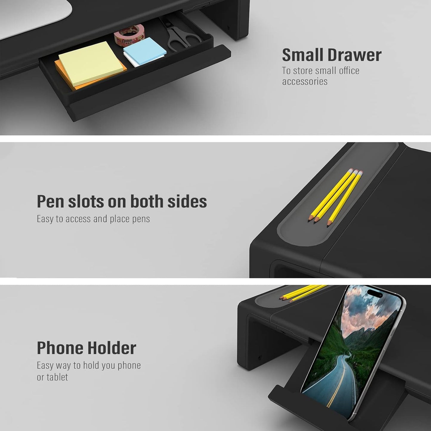 OImaster Monitor Stand Riser, Foldable Computer Monitor Riser, Adjustable Length Computer Stand and Storage Drawer & Pen Slot, Phone Stand Compatible Computer, Desktop, Laptop, Save Space (Black)