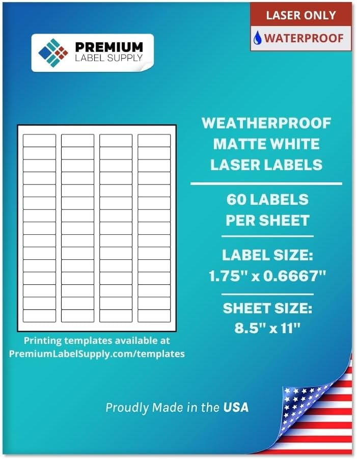 Premium Label Supply Waterproof White Return Address Sticker Labels – 1.75" x 0.667" – Laser Printers Only – (60 per Sheet), 500 Sheets - 30,000 Total Adhesive Labels