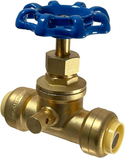 1/2 inch Push Fit Stop Valve with Drain and Vent, Push to Connect Brass Plumbing Fitting, Pex Pipe, Copper, CPVC, PE-RT, HDPE, 2-5-1=10, 10 Pieces