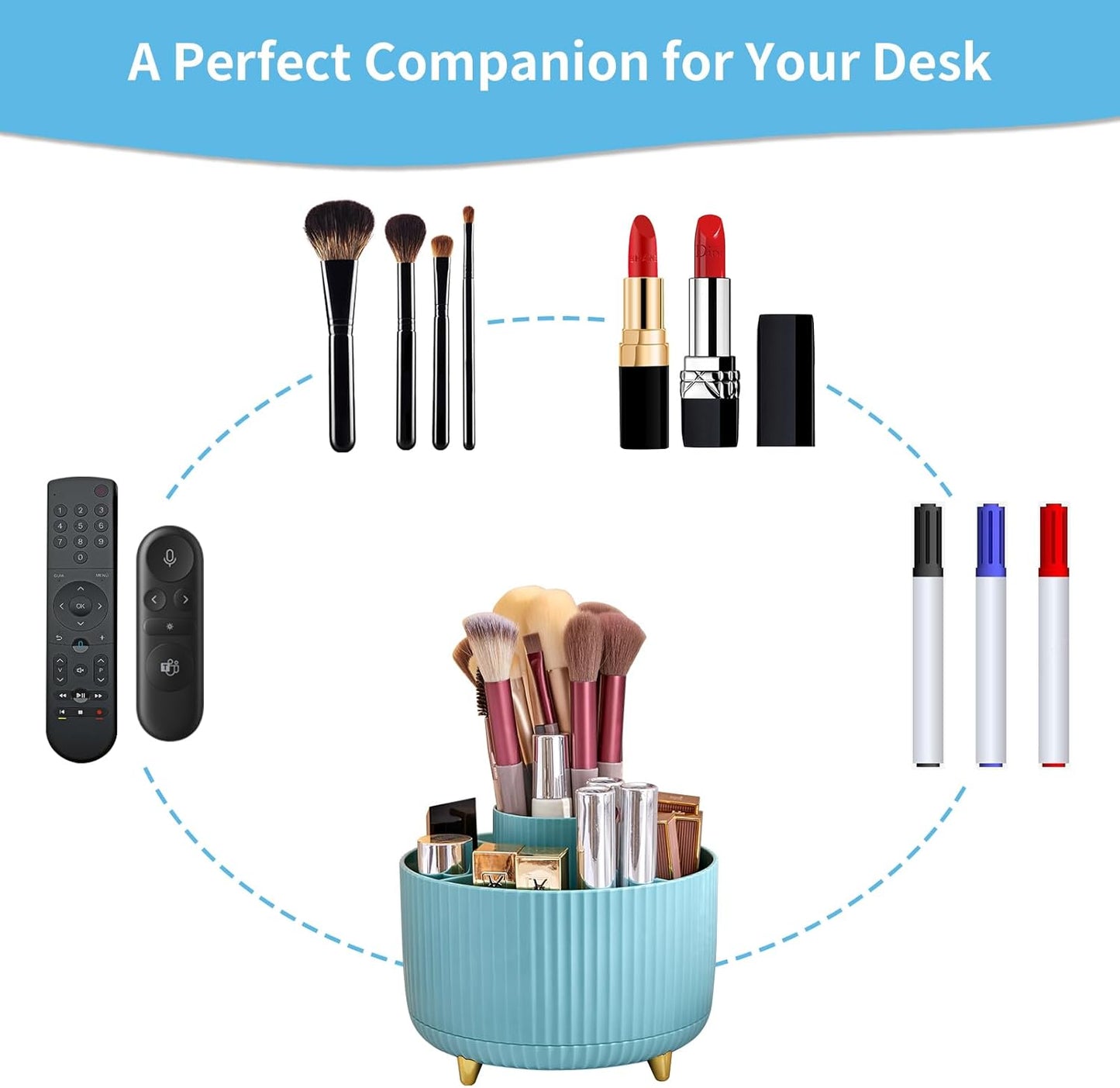 Marbrasse Desk Organizer, 360-Degree Rotating Pen Holder, Desk Organizers and Accessories with 5 Compartments Pencil Holder, Art Supply Storage Box Caddy for Office, Home（Light Blue）