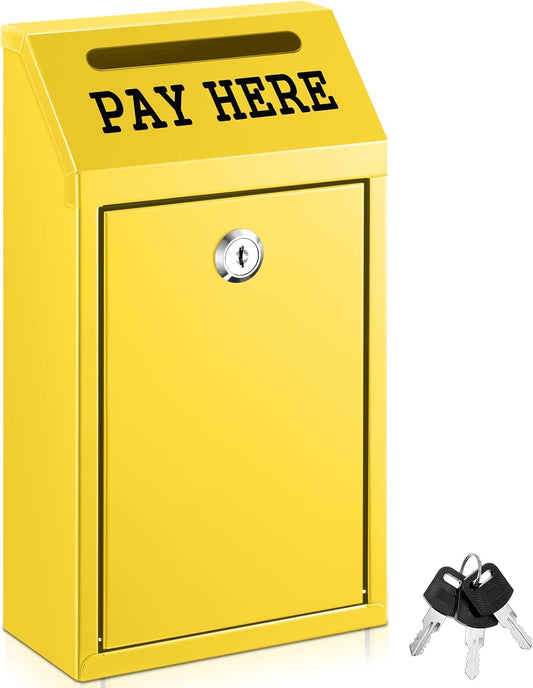 Safe Cash Box Money Collection Metal Donation Box with Lock Wall Mount Pre Drilled Mailbox Delivery Ballot for Home Office Outdoor Self Serve Stand(Yellow,10.2 x 5.7 x 2.8 Inch)