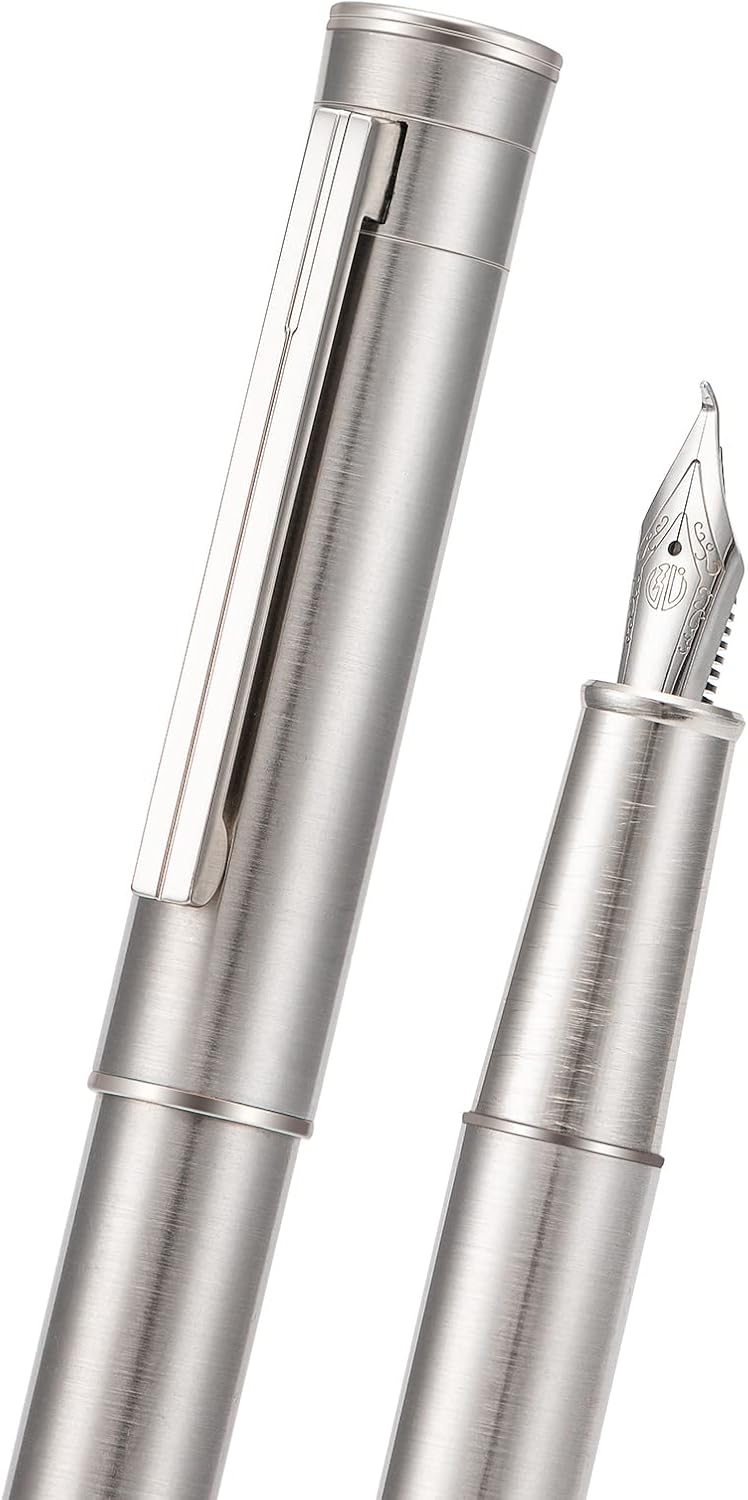 Hongdian 1861 Stainless Steel Fountain Pen Bent Nib, Classic Design Smooth Writing Pen with Converter and Metal Pen Case Set