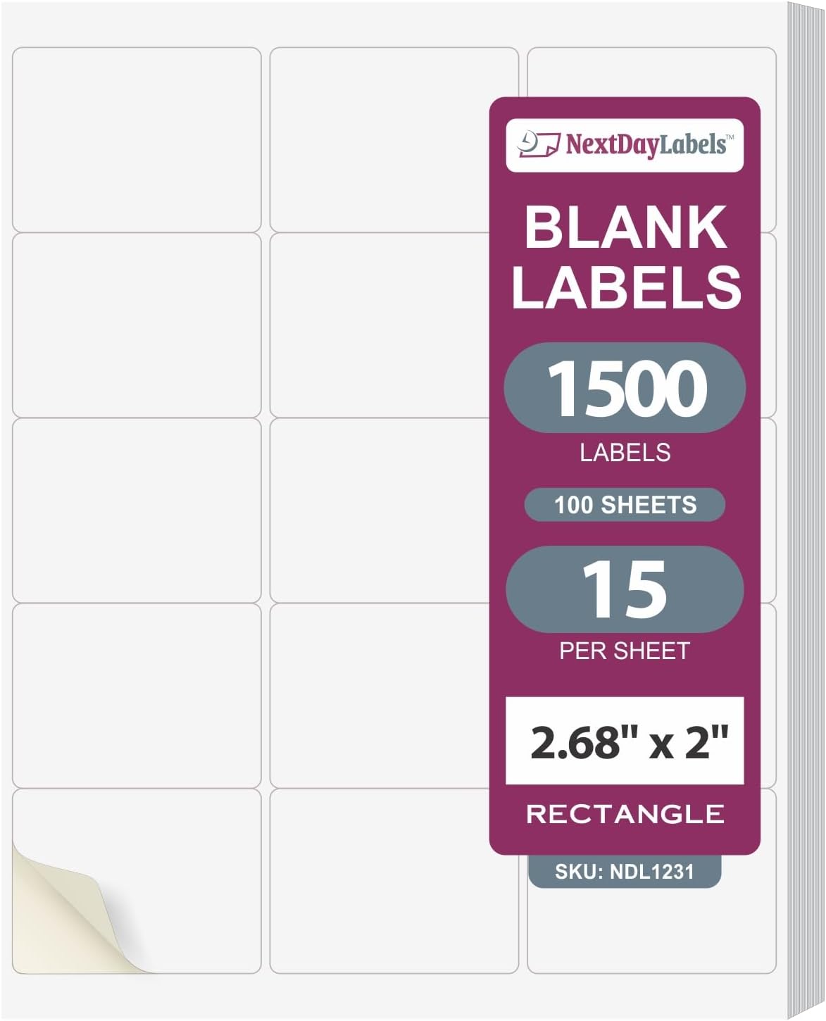 NextDayLabels – 2"-11/16 x 2 Rectangular Sticker Labels for Printer - White Laser/Inkjet Printer Labels Return Address Labels Shipping Label Stickers (100 Sheets, 15 Per Sheet, 1500 Labels)