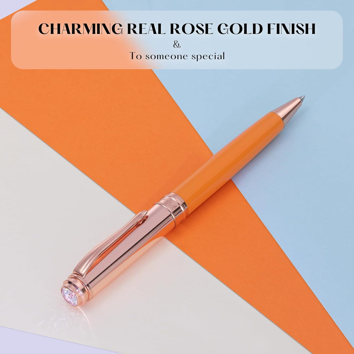 Luxury Gel Pen, Top Set With 8mm Brilliant Diamond,Bright Orange Pen Lacquer,Rose Real Gold Finish, Black Refill,Elegant Gift Pen For Women, Unique, Office,Nice Designer Pens