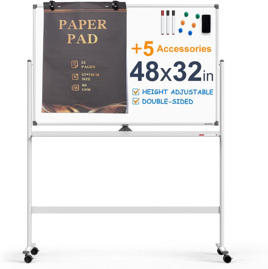 Large Dry-Erase Rolling Magnetic Whiteboard - 48 x 32 Inches Dry Erase Board with Stand Height Adjust Double Sides Mobile White Board Easel on Wheels with 25 Sheets Paper Pad Office, Home & Classroom
