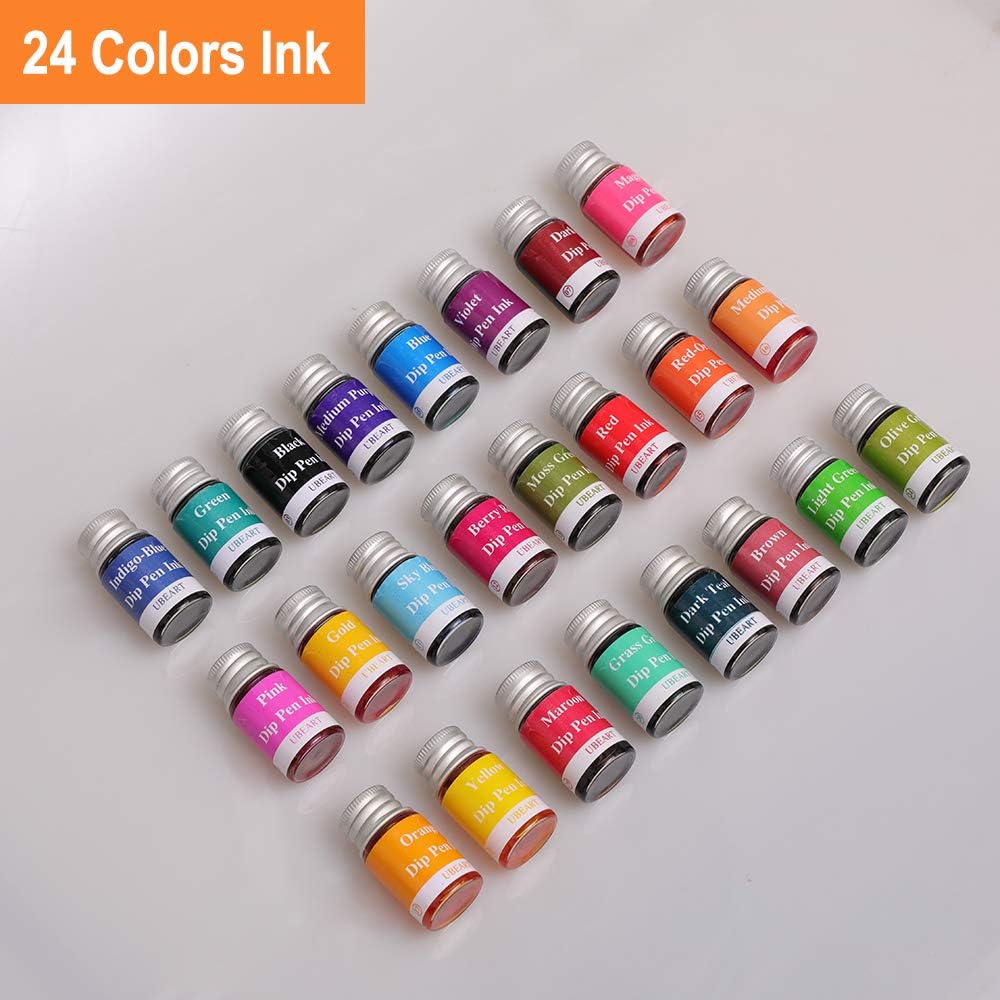Glass Dip Pen Set,28 Pieces Calligraphy Set Includes 24 Color Inks Cleaning Cup Pen Holder 2 Crystal Glass Pens,Calligraphy Kit Ideas for Birthday Graduation Gifts Beginners