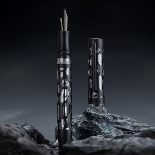 Asvine V169 Vacuum Filling Fountain Pen, Matte Black Water Drop Skeleton Transparent Acrylic Pen, Black Fine Nib Office Pen with Case Set