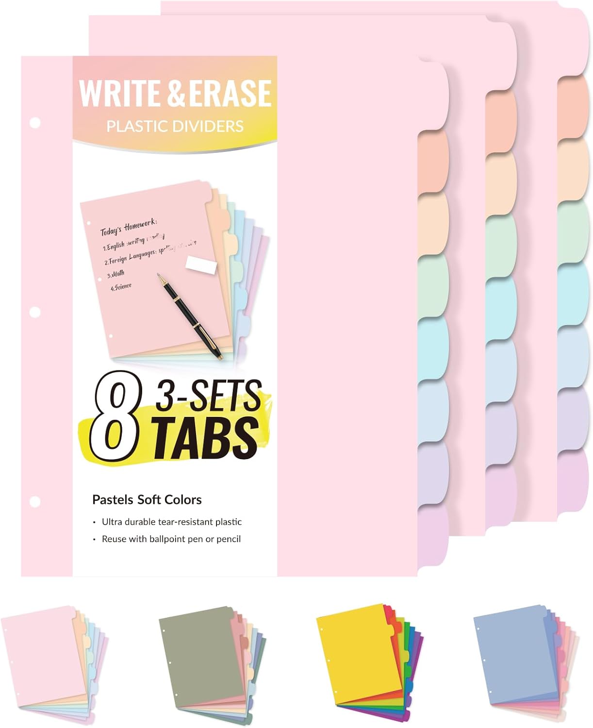 Sooez 8 Tabs Long-Lasting Plastic Write & Erase Large Tabs Dividers for 3 Ring Binder, Aesthetic Cute Pastels Binder Dividers for Student, Teacher, Office, Home Organizers, 3 Sets, Pastels Color