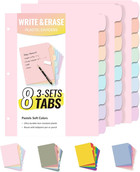 Sooez 8 Tabs Long-Lasting Plastic Write & Erase Large Tabs Dividers for 3 Ring Binder, Aesthetic Cute Pastels Binder Dividers for Student, Teacher, Office, Home Organizers, 3 Sets, Pastels Color
