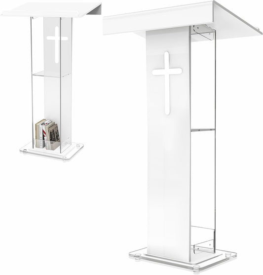 45.3 Acrylic Podium Lectern, Pulpit for Churches Stand with Double Shelves, Modern Plexiglass Pulpits Lectern with Cross Design for Classroom, Conference, Presentation,Wedding