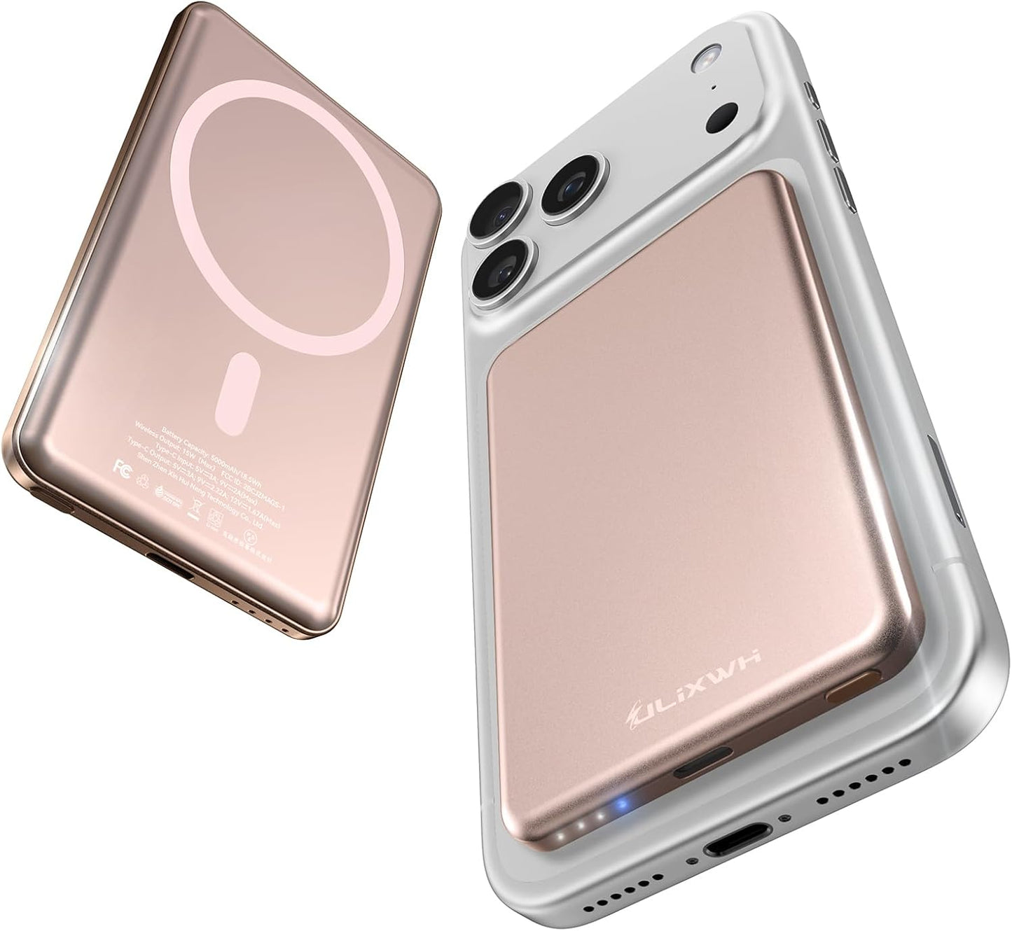 [0.3" Ultra Slim] [Alloy-Made] ULiXWH for Magsafe Portable Charger for iPhone, 2025 Upgrade 5000mAh Fast Charging Magnetic Power Bank, Wireless Battery Pack for iPhone 17 Air 16 15 Pro Max 14 13, Pink