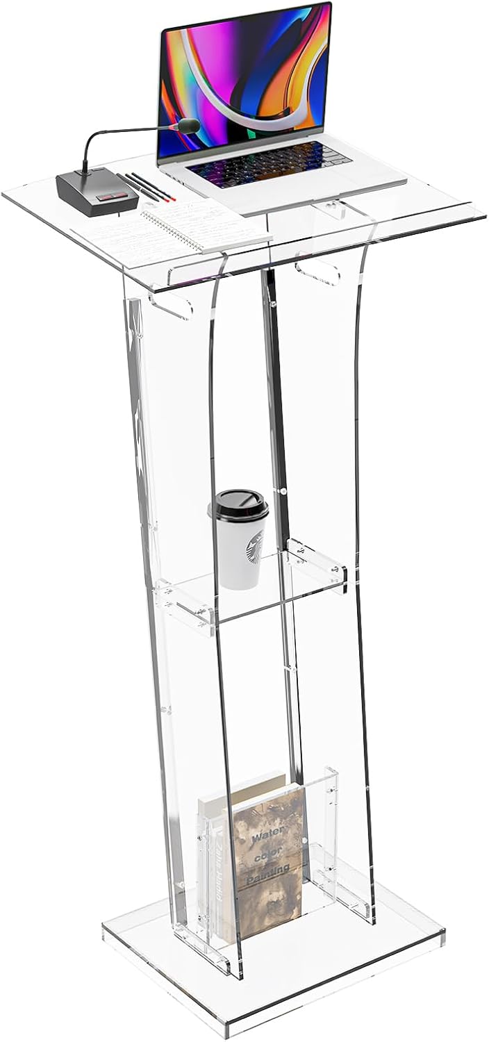 Dethan Acrylic Clear Lecterns Podium Stand, 48 Inch - Pulpits with Storage Shelf for Churches, Conference, Speeches, Weddings, Classrooms, Professional Presentation Podiums (Transparent)