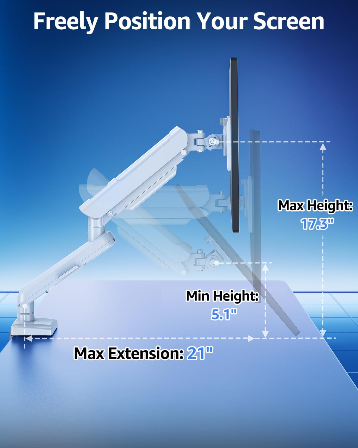 Single Monitor Mount for 32 27 24 22 inch Screen, Gas Spring Arm Holds 4.4-22 lbs, Monitor Desk Mount, Gaming & Home Office Use, VESA 75x75mm & 100x100mm, Freelift Pro White